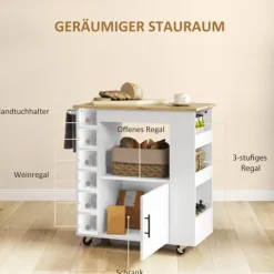 HOMCOM Küchenwagen Servierwagen mit Arbeitsplatte aus Holz, Ablagen, Weinregalen, Küchenschrank Rollwagen mit Soft-Close-Scharnieren, Griff, Kücheninsel, 83x40x83cm, Eiche