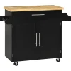 HOMCOM Küchenwagen Servierwagen mit Arbeitsplatte Küchentrolley mit Gewürzregal, Handtuchhalter für Wohnzimmer Esszimmer Schwarz 109 x 40 x 89 cm