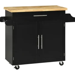 HOMCOM Küchenwagen Servierwagen mit Arbeitsplatte Küchentrolley mit Gewürzregal, Handtuchhalter für Wohnzimmer Esszimmer Schwarz 109 x 40 x 89 cm