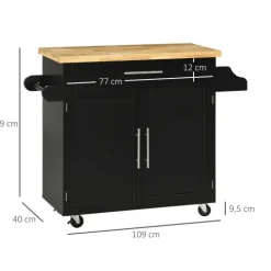 HOMCOM Küchenwagen Servierwagen mit Arbeitsplatte Küchentrolley mit Gewürzregal, Handtuchhalter für Wohnzimmer Esszimmer Schwarz 109 x 40 x 89 cm