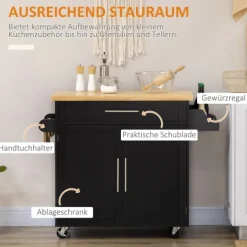 HOMCOM Küchenwagen Servierwagen mit Arbeitsplatte Küchentrolley mit Gewürzregal, Handtuchhalter für Wohnzimmer Esszimmer Schwarz 109 x 40 x 89 cm