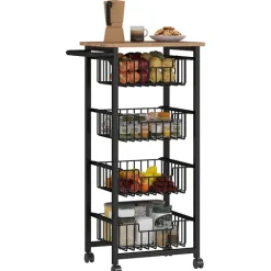 HOMCOM Küchenwagen Servierwagen mit Arbeitsplatte, 4 ausziehbaren Stahlkörben, Rollwagen für Büro, 49,5 x 31 x 91 cm, Eiche