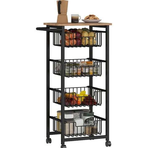 HOMCOM Küchenwagen Servierwagen mit Arbeitsplatte, 4 ausziehbaren Stahlkörben, Rollwagen für Büro, 49,5 x 31 x 91 cm, Eiche