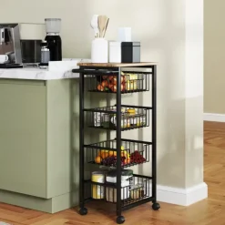 HOMCOM Küchenwagen Servierwagen mit Arbeitsplatte, 4 ausziehbaren Stahlkörben, Rollwagen für Büro, 49,5 x 31 x 91 cm, Eiche