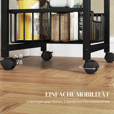 HOMCOM Küchenwagen Servierwagen mit Arbeitsplatte, 4 ausziehbaren Stahlkörben, Rollwagen für Büro, 49,5 x 31 x 91 cm, Eiche