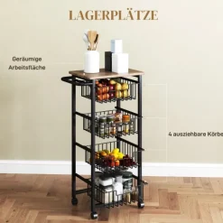 HOMCOM Küchenwagen Servierwagen mit Arbeitsplatte, 4 ausziehbaren Stahlkörben, Rollwagen für Büro, 49,5 x 31 x 91 cm, Eiche