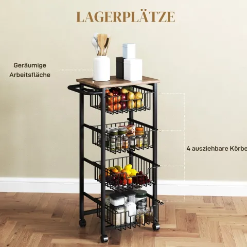 HOMCOM Küchenwagen Servierwagen mit Arbeitsplatte, 4 ausziehbaren Stahlkörben, Rollwagen für Büro, 49,5 x 31 x 91 cm, Eiche