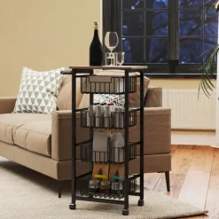 HOMCOM Küchenwagen Servierwagen mit Arbeitsplatte, 4 ausziehbaren Stahlkörben, Rollwagen für Büro, 49,5 x 31 x 91 cm, Eiche