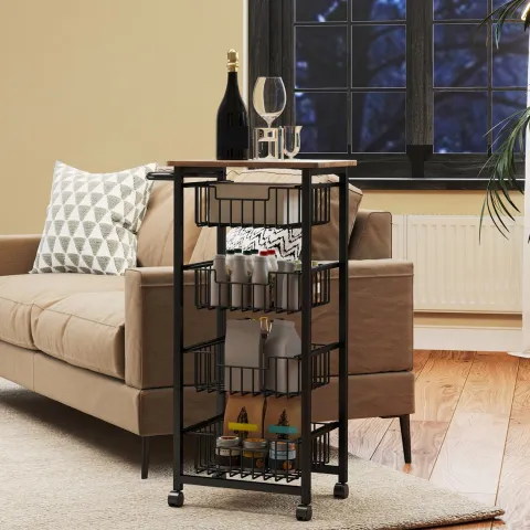 HOMCOM Küchenwagen Servierwagen mit Arbeitsplatte, 4 ausziehbaren Stahlkörben, Rollwagen für Büro, 49,5 x 31 x 91 cm, Eiche