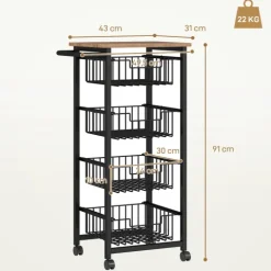 HOMCOM Küchenwagen Servierwagen mit Arbeitsplatte, 4 ausziehbaren Stahlkörben, Rollwagen für Büro, 49,5 x 31 x 91 cm, Eiche