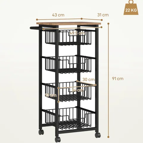 HOMCOM Küchenwagen Servierwagen mit Arbeitsplatte, 4 ausziehbaren Stahlkörben, Rollwagen für Büro, 49,5 x 31 x 91 cm, Eiche