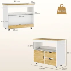 HOMCOM Küchenwagen Servierwagen mit Arbeitsplatte, Schubladen, Rollwagen mit Küchenschrank mit Soft-Close-Tür, Griff, Kücheninsel mit offenem Fach für Büro, 107x50x85cm, Eiche