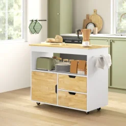 HOMCOM Küchenwagen Servierwagen mit Arbeitsplatte, Schubladen, Rollwagen mit Küchenschrank mit Soft-Close-Tür, Griff, Kücheninsel mit offenem Fach für Büro, 107x50x85cm, Eiche
