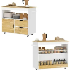 HOMCOM Küchenwagen Servierwagen mit Arbeitsplatte, Schubladen, Rollwagen mit Küchenschrank mit Soft-Close-Tür, Griff, Kücheninsel mit offenem Fach für Büro, 107x50x85cm, Eiche