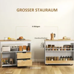 HOMCOM Küchenwagen Servierwagen mit Arbeitsplatte, Schubladen, Rollwagen mit Küchenschrank mit Soft-Close-Tür, Griff, Kücheninsel mit offenem Fach für Büro, 107x50x85cm, Eiche