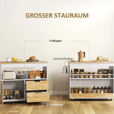 HOMCOM Küchenwagen Servierwagen mit Arbeitsplatte, Schubladen, Rollwagen mit Küchenschrank mit Soft-Close-Tür, Griff, Kücheninsel mit offenem Fach für Büro, 107x50x85cm, Eiche