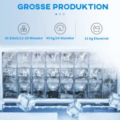 HOMCOM Kommerzielle Eiswürfelmaschine 45kg/24H Eismaschine mit 11 kg Speicher, Freistehender Eiswürfelbereiter aus Edelstahl mit LCD-Anzeige, Selbstreinigung, Timer für Restaurant, Bar, Café