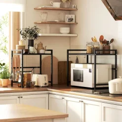 HOMCOM Mikrowellenregal erweiterbares 2-Stufig Mikrowellen Regal mit 3 Haken Küchenregal Stehend Küchen Organizer Mikrowellenständer Mikrowellenhalter Küchenaufbewahrung für Arbeitsplatte Schwarz