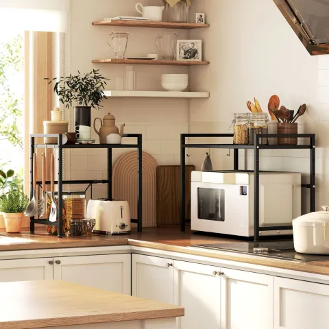 HOMCOM Mikrowellenregal erweiterbares 2-Stufig Mikrowellen Regal mit 3 Haken Küchenregal Stehend Küchen Organizer Mikrowellenständer Mikrowellenhalter Küchenaufbewahrung für Arbeitsplatte Schwarz