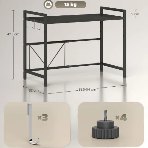 HOMCOM Mikrowellenregal erweiterbares 2-Stufig Mikrowellen Regal mit 3 Haken Küchenregal Stehend Küchen Organizer Mikrowellenständer Mikrowellenhalter Küchenaufbewahrung für Arbeitsplatte Schwarz