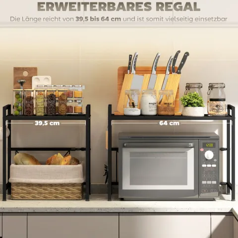 HOMCOM Mikrowellenregal erweiterbares 2-Stufig Mikrowellen Regal mit 3 Haken Küchenregal Stehend Küchen Organizer Mikrowellenständer Mikrowellenhalter Küchenaufbewahrung für Arbeitsplatte Schwarz