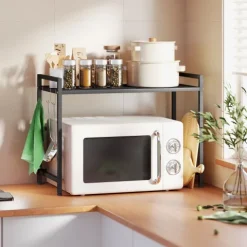 HOMCOM Mikrowellenregal erweiterbares 2-Stufig Mikrowellen Regal mit 3 Haken Küchenregal Stehend Küchen Organizer Mikrowellenständer Mikrowellenhalter Küchenaufbewahrung für Arbeitsplatte Schwarz