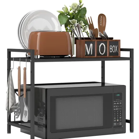 HOMCOM Mikrowellenregal erweiterbares 2-Stufig Mikrowellen Regal mit 3 Haken Küchenregal Stehend Küchen Organizer Mikrowellenständer Mikrowellenhalter Küchenaufbewahrung für Arbeitsplatte Schwarz