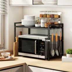 HOMCOM Mikrowellenregal erweiterbares 2-Stufig Mikrowellen Regal mit 3 Haken Küchenregal Stehend Küchen Organizer Mikrowellenständer Mikrowellenhalter Küchenaufbewahrung für Arbeitsplatte Schwarz