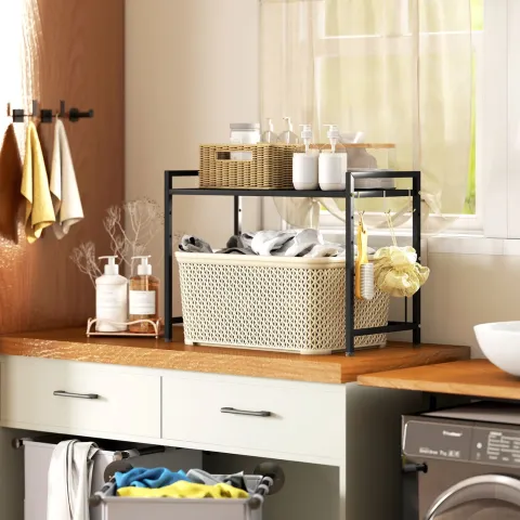 HOMCOM Mikrowellenregal erweiterbares 2-Stufig Mikrowellen Regal mit 3 Haken Küchenregal Stehend Küchen Organizer Mikrowellenständer Mikrowellenhalter Küchenaufbewahrung für Arbeitsplatte Schwarz