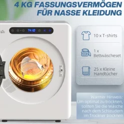 HOMCOM Mini Ablufttrockner 3 kg Wäschetrockner mit Desinfektion, 6 Programmen, 1000W Trockner mit Touch-Screen, 3 Temperaturen und Timer, für Wohnmobile, Haus, Weiß