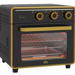 HOMCOM Minibackofen 20L, 5 in 1 Pizza-Ofen inkl. Backblech Set, 1 Std. Timer, 90-230℃, 1400 W, 36L x 37,7B x 34,5H cm, Stahl, Hartglas, Edelstahl, Metall, Schwarz