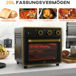 HOMCOM Minibackofen 20L, 5 in 1 Pizza-Ofen inkl. Backblech Set, 1 Std. Timer, 90-230℃, 1400 W, 36L x 37,7B x 34,5H cm, Stahl, Hartglas, Edelstahl, Metall, Schwarz
