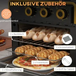 HOMCOM Minibackofen 20L, 5 in 1 Pizza-Ofen inkl. Backblech Set, 1 Std. Timer, 90-230℃, 1400 W, 36L x 37,7B x 34,5H cm, Stahl, Hartglas, Edelstahl, Metall, Schwarz