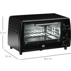 HOMCOM Mini Backofen, 10 Liter, 750W, mit Temperatur bis zu 230 ℃, Timer 60 Minuten, 36,5x26x22 cm, Metall, Schwarz