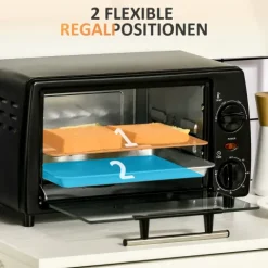 HOMCOM Mini Backofen, 10 Liter, 750W, mit Temperatur bis zu 230 ℃, Timer 60 Minuten, 36,5x26x22 cm, Metall, Schwarz