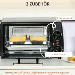 HOMCOM Mini Backofen, 10 Liter, 750W, mit Temperatur bis zu 230 ℃, Timer 60 Minuten, 36,5x26x22 cm, Metall, Schwarz