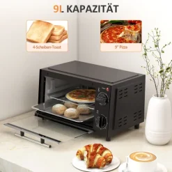HOMCOM Mini Backofen 9 L 750W 100-230℃ 60 Min. Timer inkl. Backblech, Grillrost, Glas Fenster, Platzsparend Minibackofen Pizza-Ofen, Schwarz