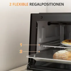 HOMCOM Mini Backofen 9 L 750W 100-230℃ 60 Min. Timer inkl. Backblech, Grillrost, Glas Fenster, Platzsparend Minibackofen Pizza-Ofen, Schwarz