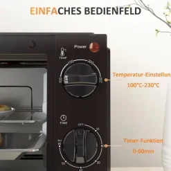 HOMCOM Mini Backofen 9 L 750W 100-230℃ 60 Min. Timer inkl. Backblech, Grillrost, Glas Fenster, Platzsparend Minibackofen Pizza-Ofen, Schwarz