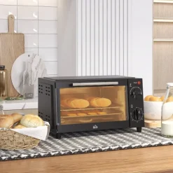 HOMCOM Mini Backofen 9 L 750W 100-230℃ 60 Min. Timer inkl. Backblech, Grillrost, Glas Fenster, Platzsparend Minibackofen Pizza-Ofen, Schwarz