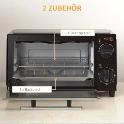 HOMCOM Mini Backofen 9 L 750W 100-230℃ 60 Min. Timer inkl. Backblech, Grillrost, Glas Fenster, Platzsparend Minibackofen Pizza-Ofen, Schwarz