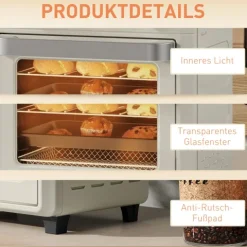 HOMCOM Minibackofen mit Umluft, 10L Heißluftfritteuse, Backofen Klein mit 60-Min-Timer und Innenbeleuchtung, 80-230℃, 3 Einschubebenen, Zubehör Spülmaschinenfest, 1000W, Cremeweiß