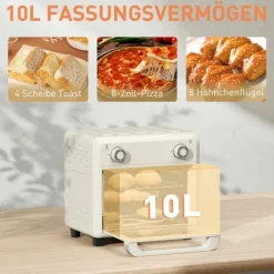 HOMCOM Minibackofen mit Umluft, 10L Heißluftfritteuse, Backofen Klein mit 60-Min-Timer und Innenbeleuchtung, 80-230℃, 3 Einschubebenen, Zubehör Spülmaschinenfest, 1000W, Cremeweiß