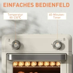 HOMCOM Minibackofen mit Umluft, 10L Heißluftfritteuse, Backofen Klein mit 60-Min-Timer und Innenbeleuchtung, 80-230℃, 3 Einschubebenen, Zubehör Spülmaschinenfest, 1000W, Cremeweiß