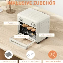 HOMCOM Minibackofen mit Umluft, 10L Heißluftfritteuse, Backofen Klein mit 60-Min-Timer und Innenbeleuchtung, 80-230℃, 3 Einschubebenen, Zubehör Spülmaschinenfest, 1000W, Cremeweiß