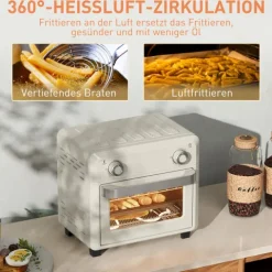 HOMCOM Minibackofen mit Umluft, 10L Heißluftfritteuse, Backofen Klein mit 60-Min-Timer und Innenbeleuchtung, 80-230℃, 3 Einschubebenen, Zubehör Spülmaschinenfest, 1000W, Cremeweiß