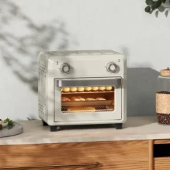 HOMCOM Minibackofen mit Umluft, 10L Heißluftfritteuse, Backofen Klein mit 60-Min-Timer und Innenbeleuchtung, 80-230℃, 3 Einschubebenen, Zubehör Spülmaschinenfest, 1000W, Cremeweiß