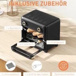 HOMCOM Minibackofen mit Umluft, 10L Heißluftfritteuse, Backofen Klein mit 60-Min-Timer und Innenbeleuchtung, 80-230℃, 3 Einschubebenen, Zubehör Spülmaschinenfest, 1000W, Schwarz