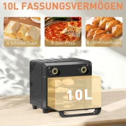 HOMCOM Minibackofen mit Umluft, 10L Heißluftfritteuse, Backofen Klein mit 60-Min-Timer und Innenbeleuchtung, 80-230℃, 3 Einschubebenen, Zubehör Spülmaschinenfest, 1000W, Schwarz