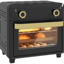 HOMCOM Minibackofen mit Umluft, 10L Heißluftfritteuse, Backofen Klein mit 60-Min-Timer und Innenbeleuchtung, 80-230℃, 3 Einschubebenen, Zubehör Spülmaschinenfest, 1000W, Schwarz